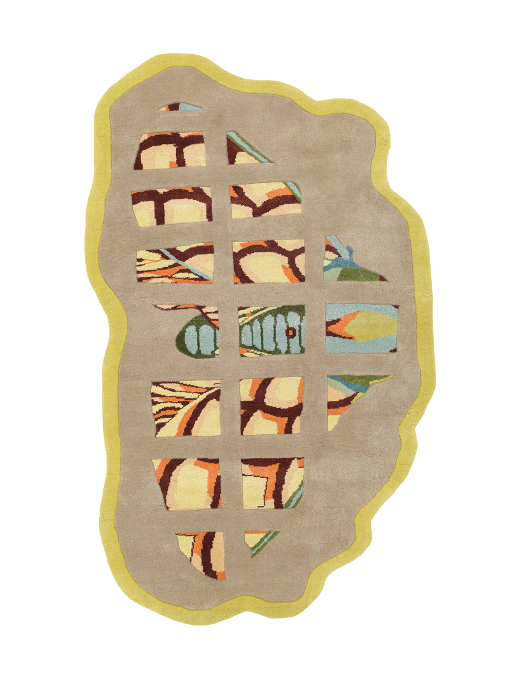 Haus Üger Moth Rug, a contemporary organic-shaped area rug crafted from plush hand-tufted wool, featuring a soft taupe field with a distinctive lime green irregular border.