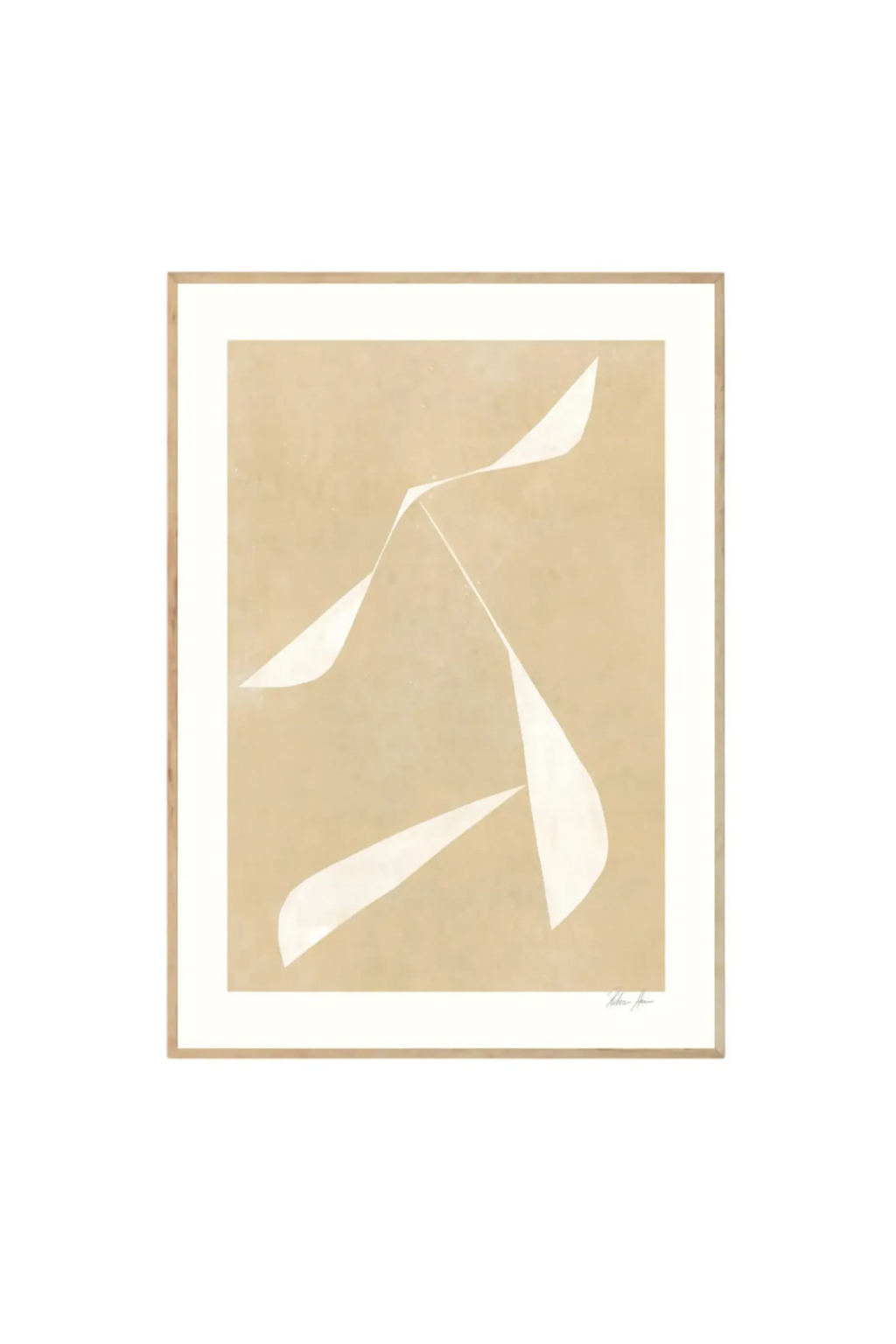 The Poster Club Move no. 03 - Art Print, featuring abstract white flowing shapes on a textured beige background, framed in light natural wood with a white mat. This modern gallery-quality poster is perfect for contemporary art collectors and home decor enthusiasts seeking elegant wall decor.