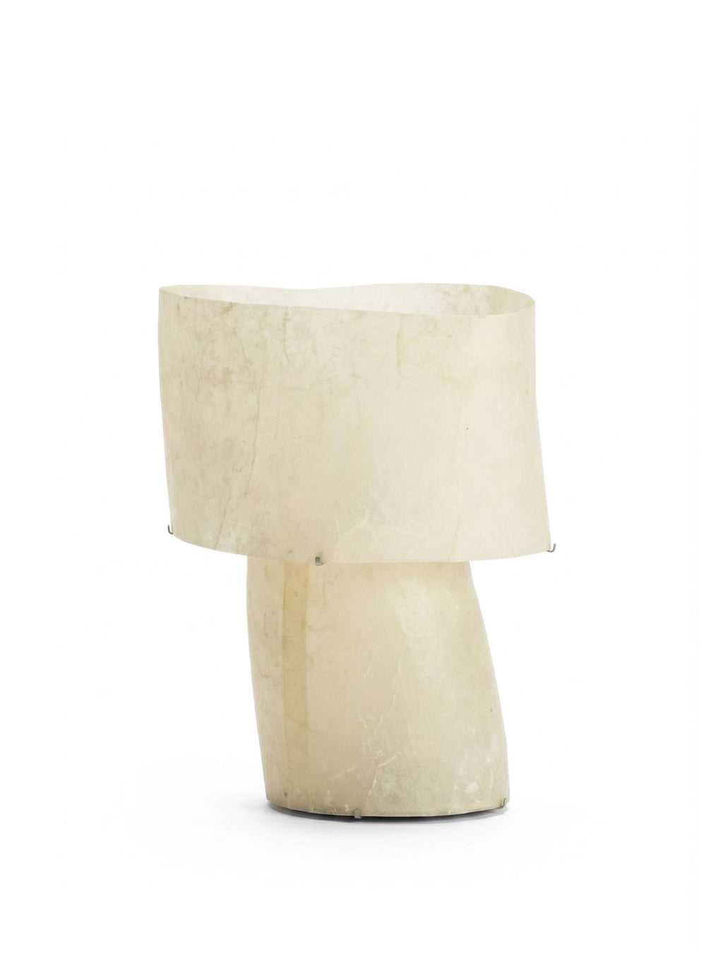 Kilzi The Mush Lamp - Tall, a unique, sculptural table lamp. Its tall, slender base and wide, curved shade are crafted from a translucent, off-white, textured material, resembling parchment or mushroom gills, presented on a clean white background.