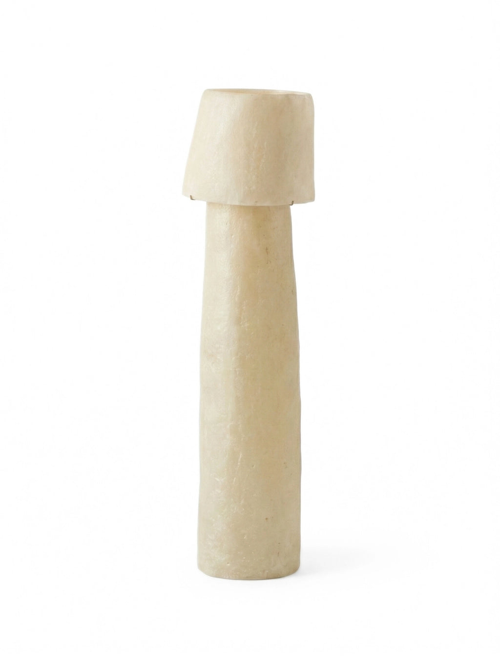 Kilzi The Mush Lamp - Tower, a striking, elongated table lamp. The lamp features a tall, slender, cylindrical base topped with a smaller, slightly angled, cylindrical shade, all crafted from a textured, translucent, off-white material, giving it a minimalist, modern, and organic look on a white background.
