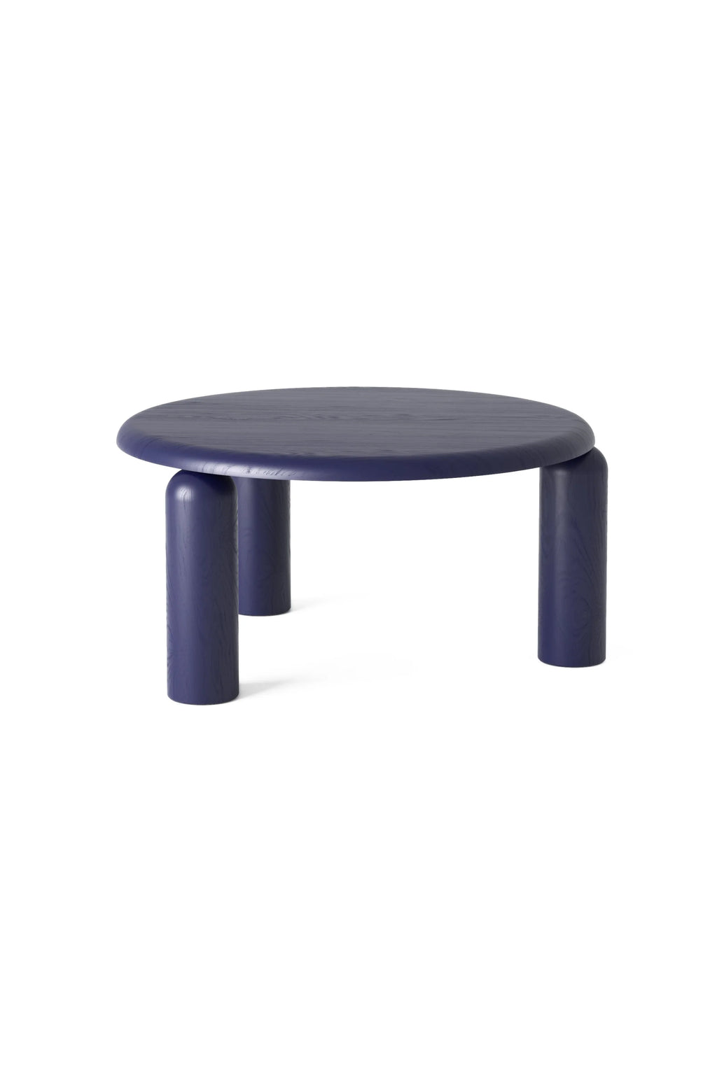 TAMO Neo Coffee Table, a modern luxury dark blue wooden coffee table with a circular top and three chunky, rounded cylindrical legs, showcased on a white background. Ideal for contemporary living spaces.