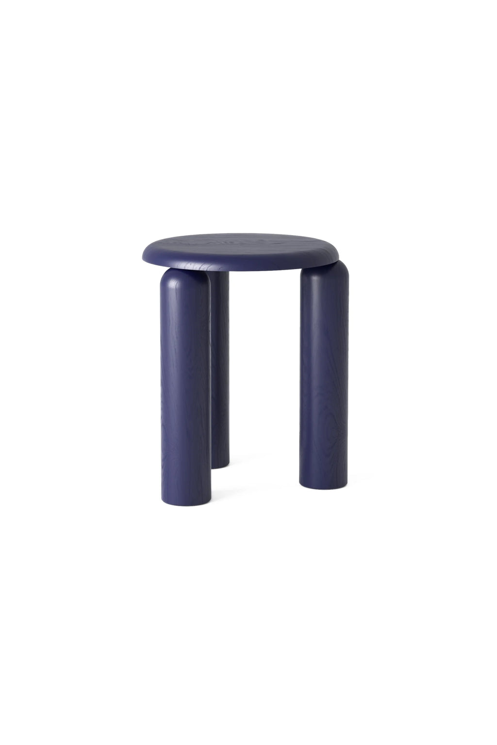 TAMO Neo Side Table, a modern, round, solid navy blue wooden table with three thick cylindrical legs, showcasing visible wood grain on a white background. A luxury furniture piece.