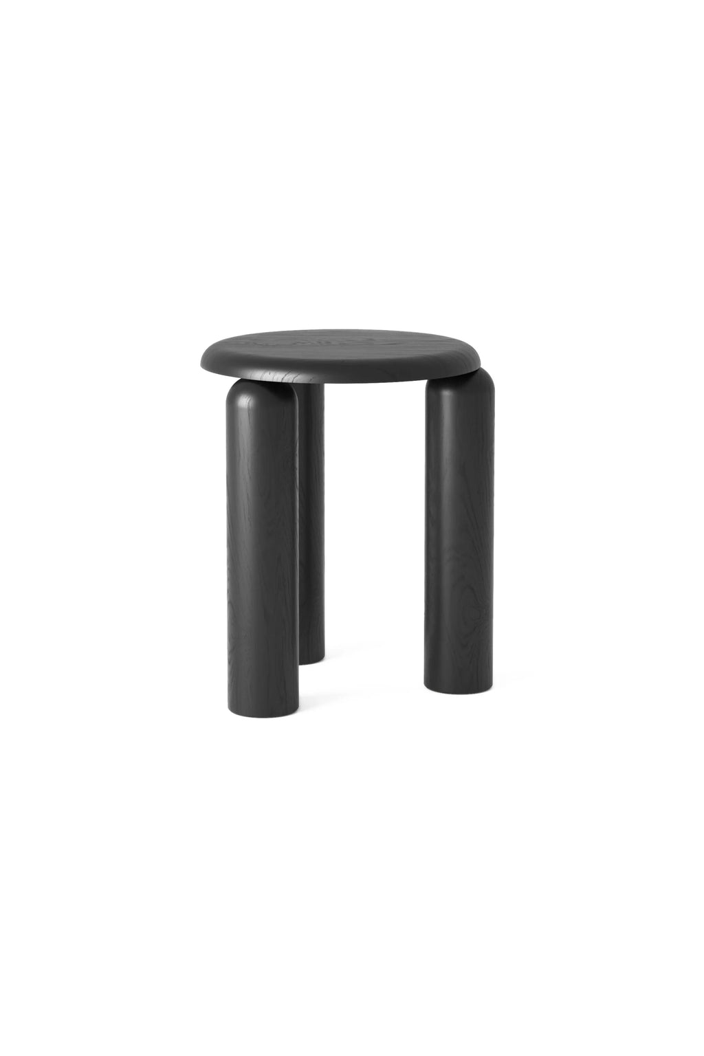 TAMO Neo Side Table: Minimalist black solid wood side table featuring a round top and three thick, cylindrical legs with visible wood grain, showcased on a white background. Perfect for modern living spaces.