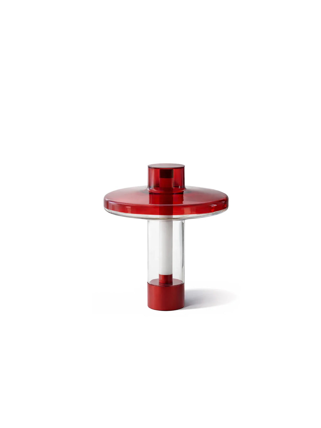 TAMO Nevo Table Lamp, a striking modern minimalist table lamp crafted from glossy red and clear acrylic, featuring a stacked geometric design with a cylindrical base, transparent column, and a flat, translucent red circular shade. This contemporary red acrylic lamp provides ambient light, perfect for adding a bold color accent to modern living rooms, minimalist bedrooms, or stylish home office desks.