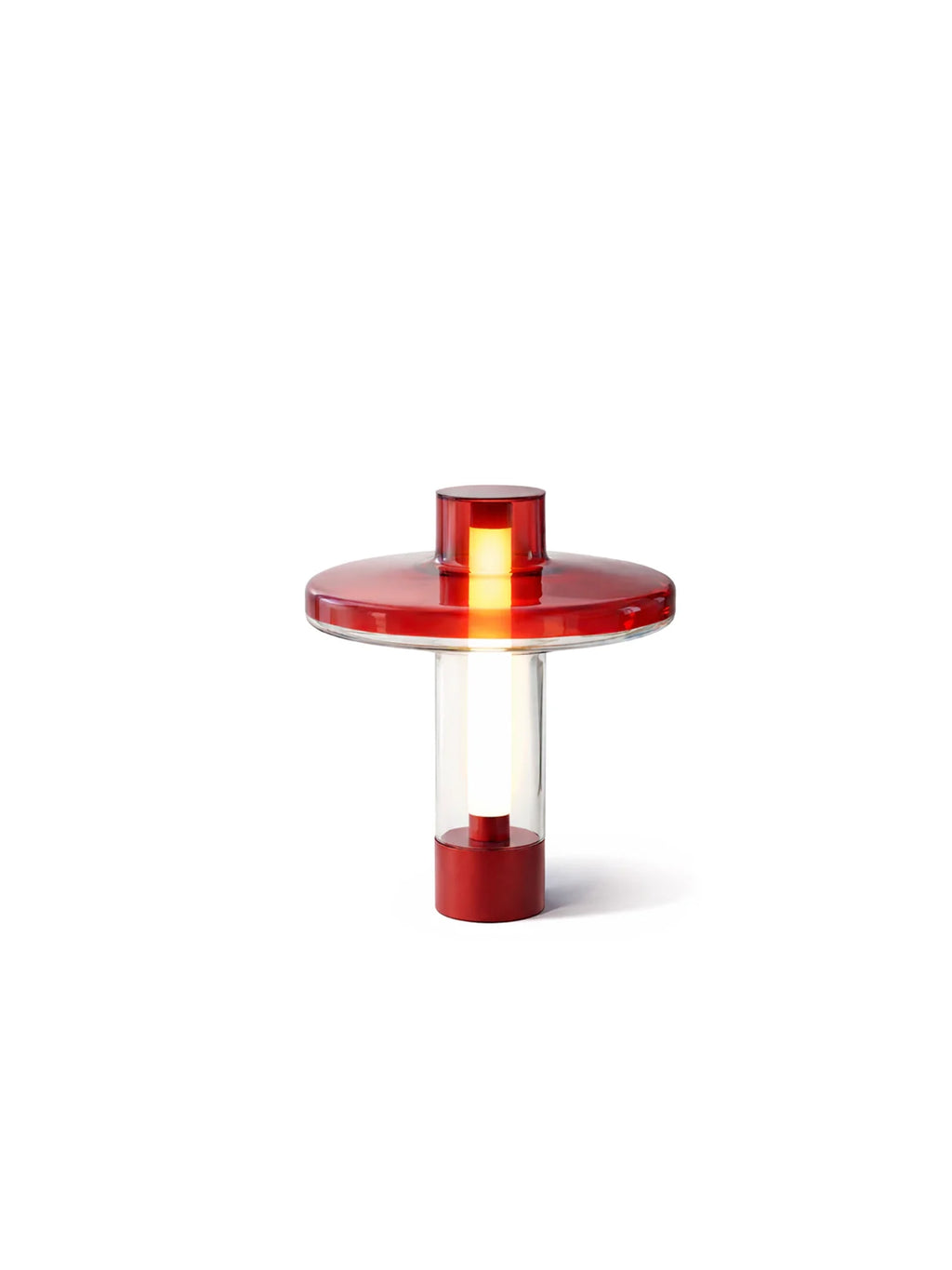 TAMO Nevo Table Lamp, a modern minimalist table lamp featuring a bold translucent red acrylic circular shade and a matching cylindrical base, connected by a clear acrylic column housing a warm white LED light.