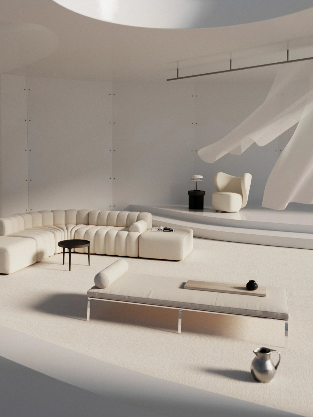 NORR11 Man Daybed, a luxurious modern minimalist daybed featuring a clean rectangular light beige upholstered cushion resting on a sleek polished chrome frame with transparent acrylic legs, complete with a matching cylindrical bolster pillow. This contemporary lounge furniture piece offers sophisticated comfort and refined style. Ideal for luxurious living rooms, spacious bedrooms, or as a chic accent in modern minimalist and organic modern interiors.
