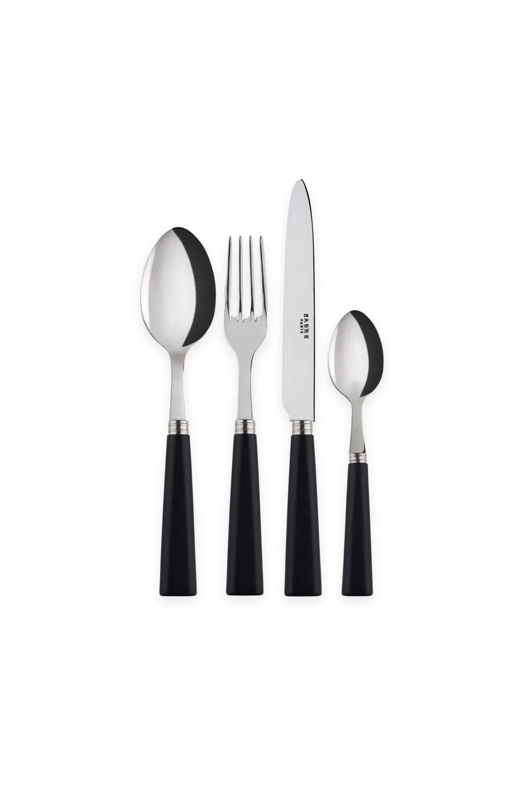 Sabre Paris Nature 4-Piece Cutlery Flatware Set, featuring sleek polished stainless steel with elegant matte black handles and silver ferrules. This durable and stylish modern flatware set is perfect for enhancing everyday dining or special occasions for contemporary households.