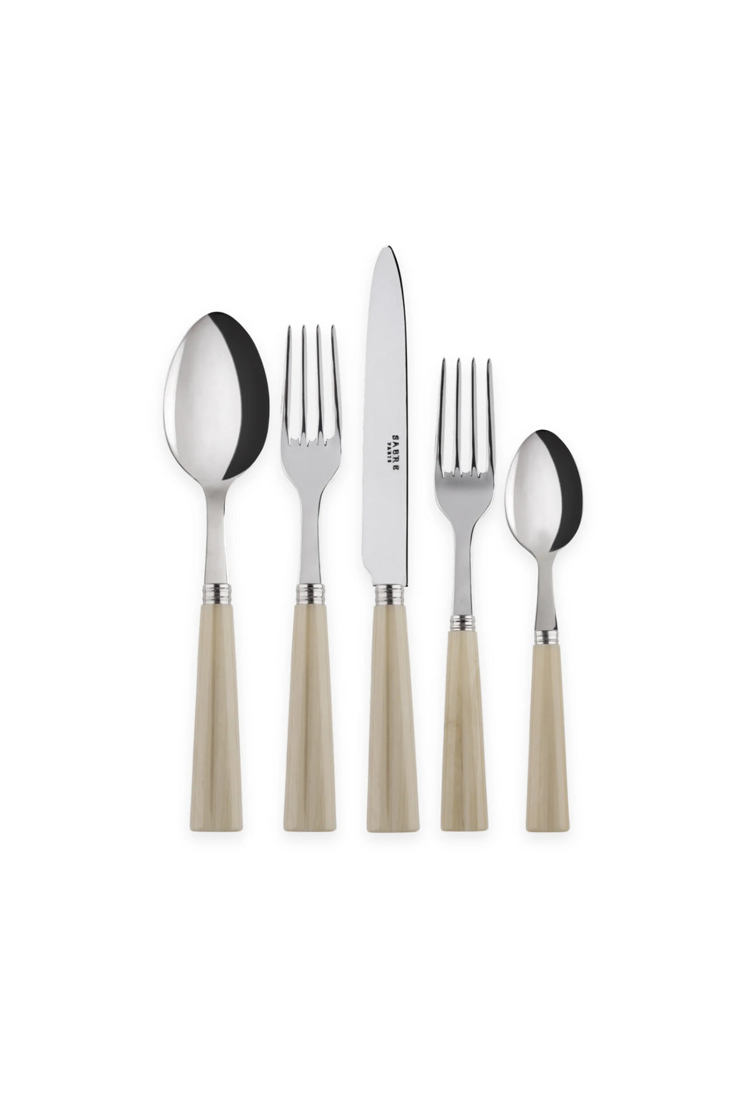 Sabre Paris Nature 5-Piece Cutlery Flatware Set, featuring polished stainless steel heads and ferrules with elegant, fluted light beige resin handles. This stylish and durable cutlery set is perfect for enhancing everyday dining or special occasions for design-conscious individuals.