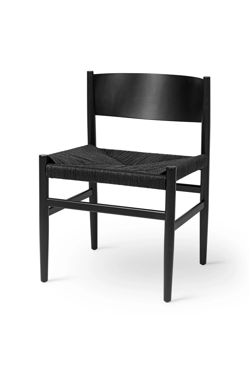 Mater Nestor Sidechair in a sleek black lacquered wood finish, featuring a tightly woven black paper cord seat, displayed on a pure white background. This modern, sophisticated chair provides a striking contrast and contemporary elegance.