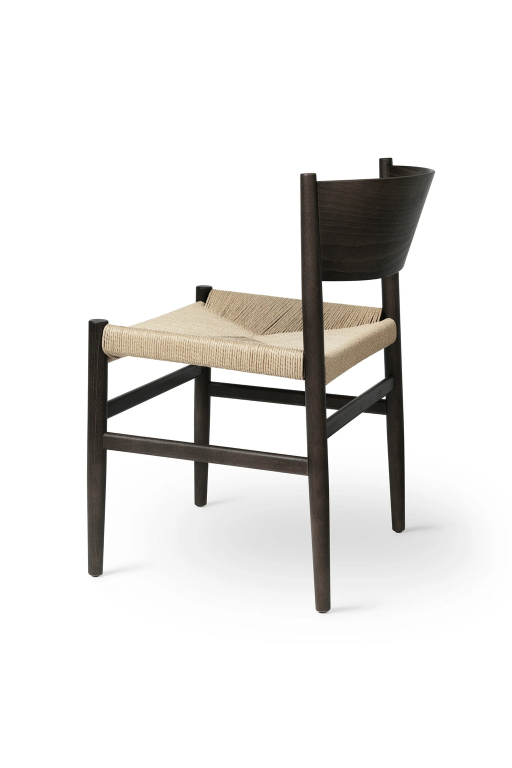 Mater Nestor Sidechair in a rich dark brown wood finish with a natural woven paper cord seat, viewed from a slight angle against a clean white background. This classic, elegant chair showcases traditional craftsmanship and a timeless design.