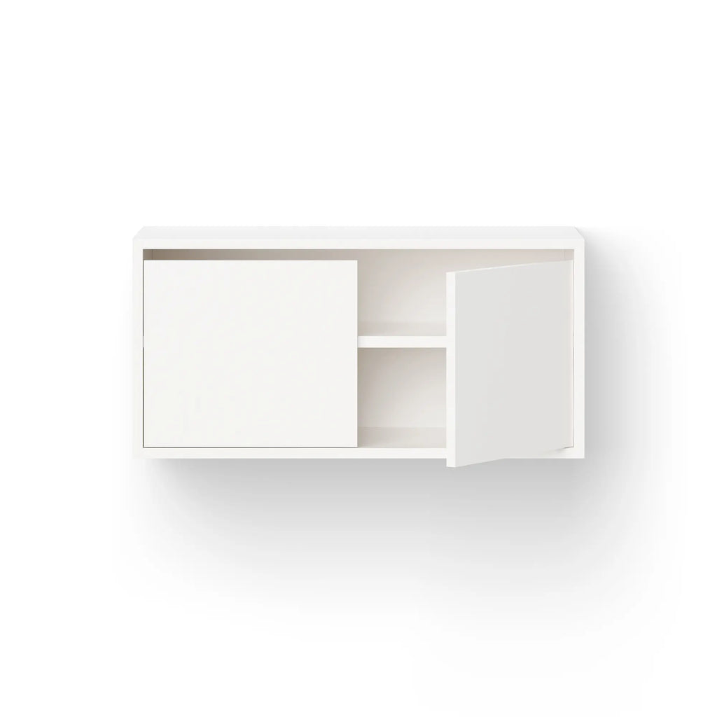 White wooden cabinet with two doors, perfect for organizing and storing household items