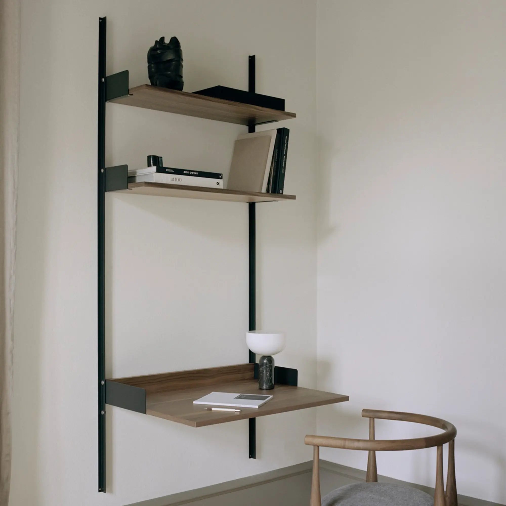 Study shelf in a modern living room with stylish decor and comfortable seating