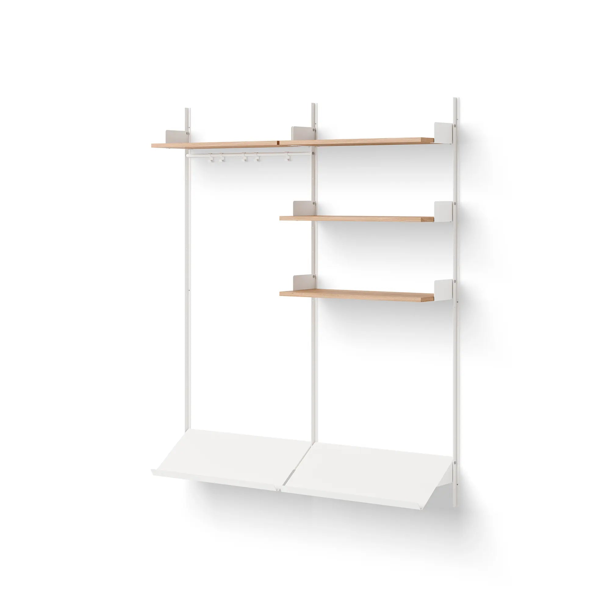  Interior view of wardrobe shelf system with built-in hanging rod for garments