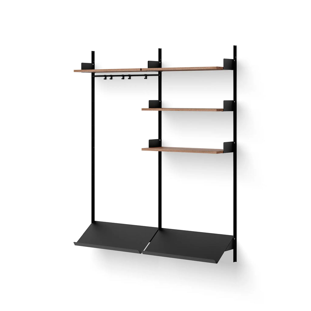 Spacious white wardrobe shelf with three adjustable compartments and metal hanging rod