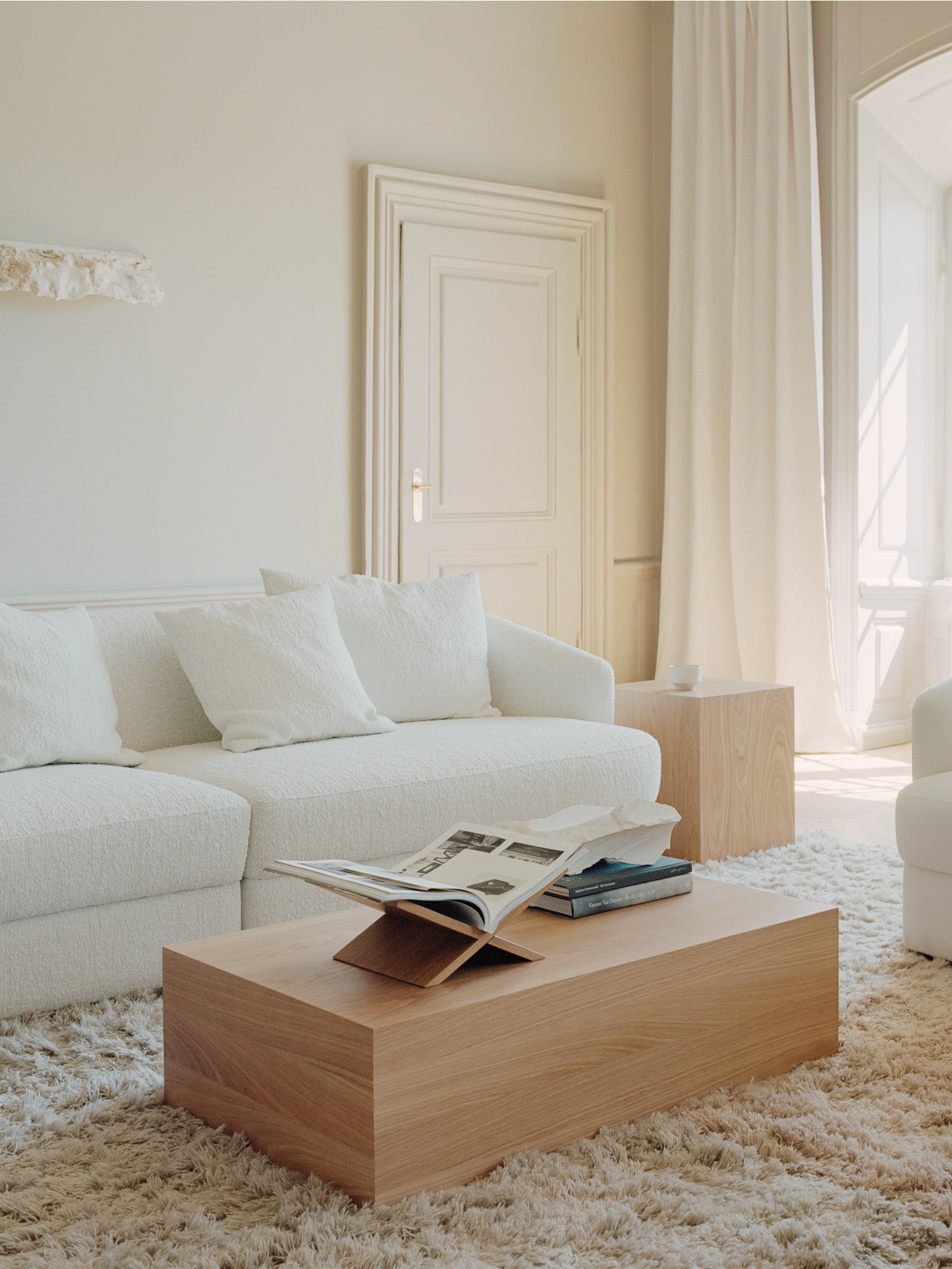 New Works Mass Coffee Table w. Drawer, a rectangular modern minimalist coffee table crafted from light natural solid wood, likely oak or ash, featuring a clean, blocky silhouette and a smooth matte finish. This Scandinavian-inspired piece offers integrated storage with its hidden drawer, making it ideal for organized living rooms and contemporary lounge spaces.