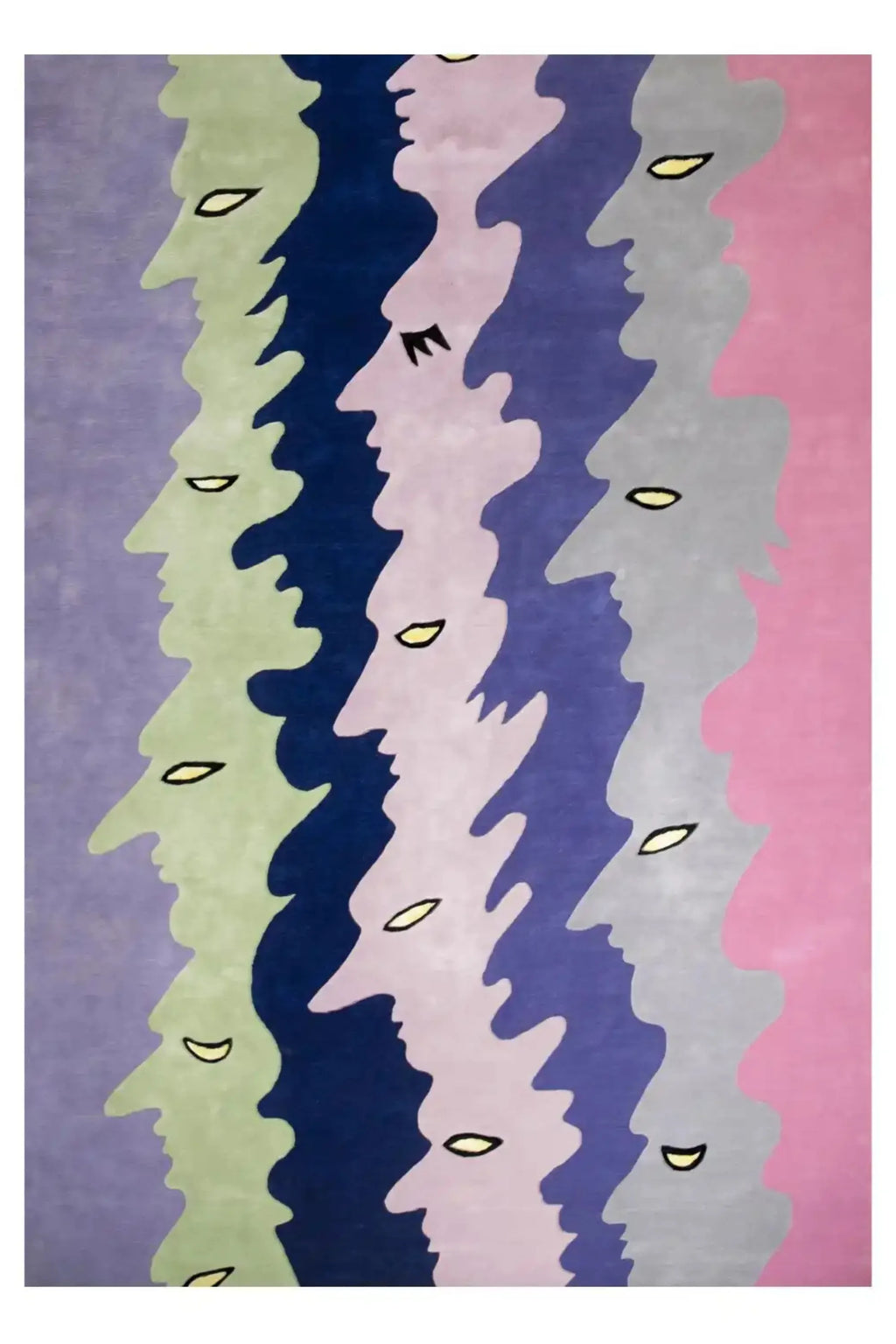 Layered Opera Goers Wool Rug, a vibrant modern area rug with an abstract pattern of colorful faces in profile, featuring shades of lavender, olive green, deep blue, light pink, and grey. Perfect fo...