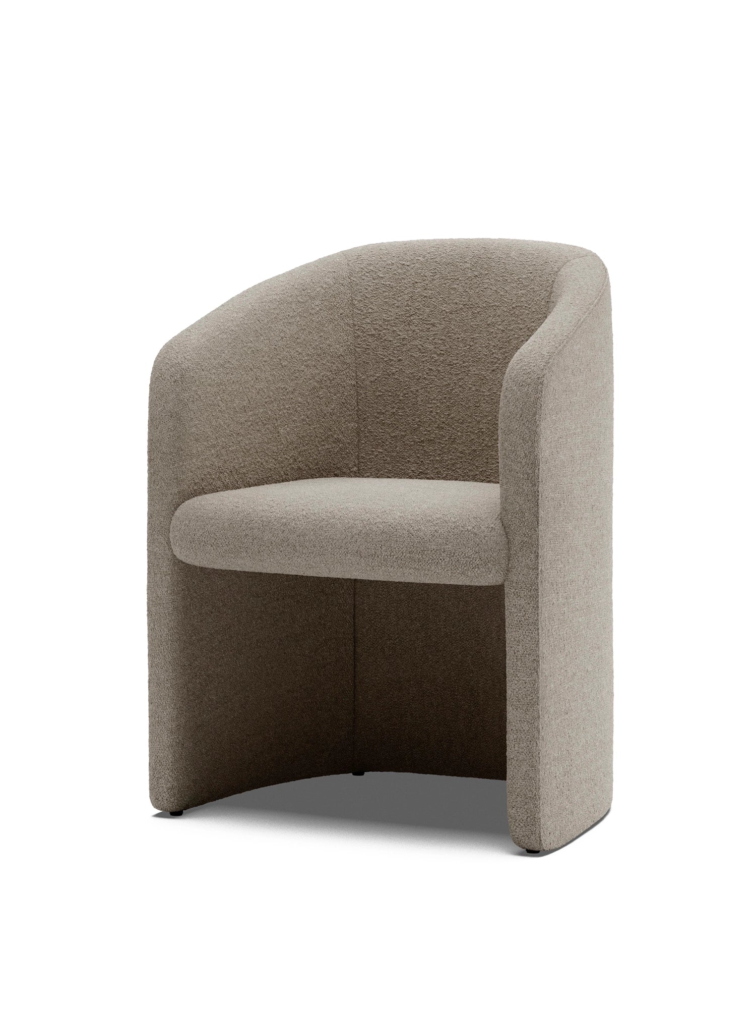 New Works Covent Club Chair, a premium curved armchair with light beige boucle fabric upholstery and seamless design on a white background. Ideal for modern living spaces.