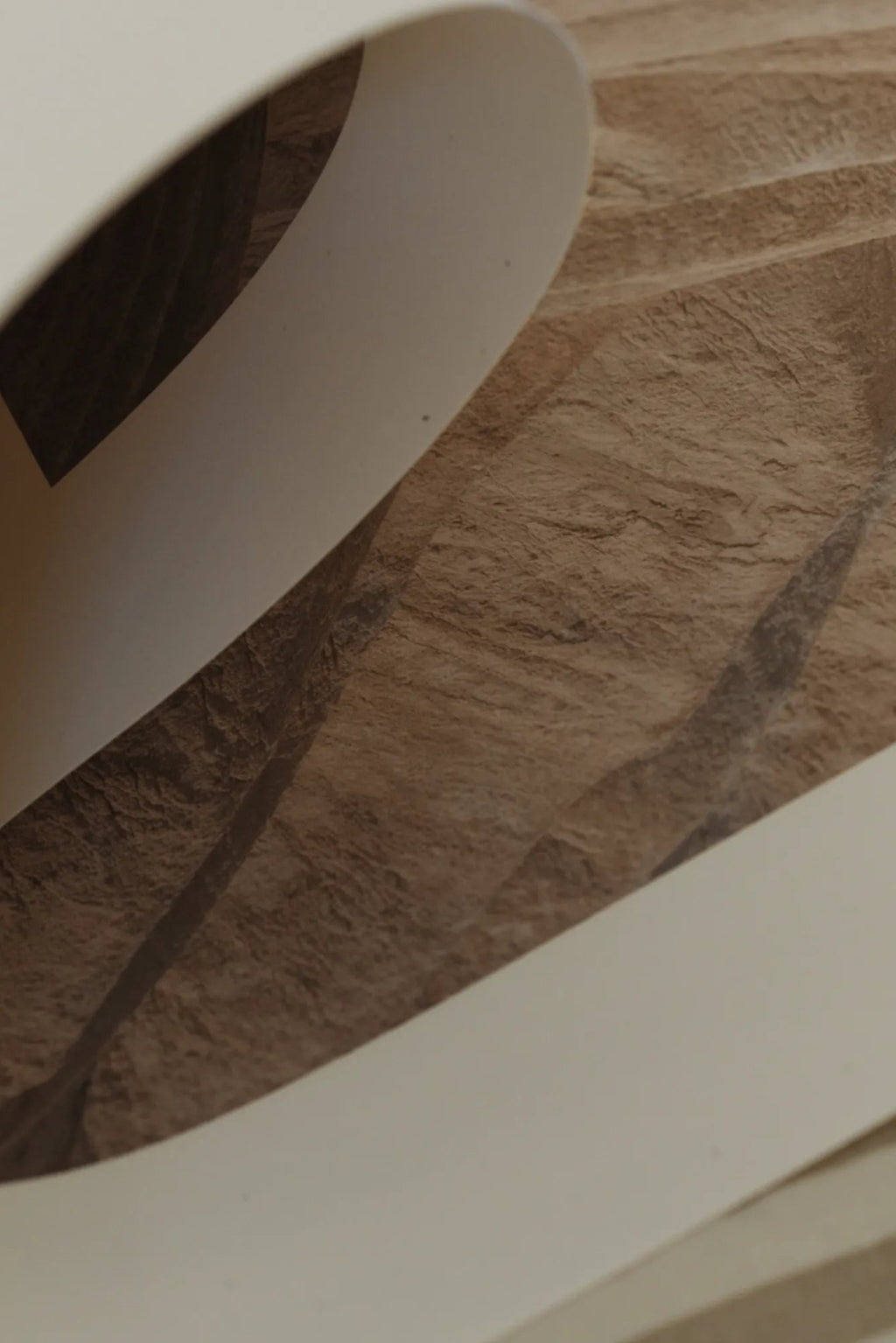 The Poster Club Perpetual, an abstract art print featuring organic, geological-inspired textures in rich, earthy brown and tan tones. This minimalist design evokes natural landscapes or rock formations, printed on high-quality art paper. Perfect for creating a serene focal point in a modern minimalist living room, japandi bedroom, or organic modern home office.