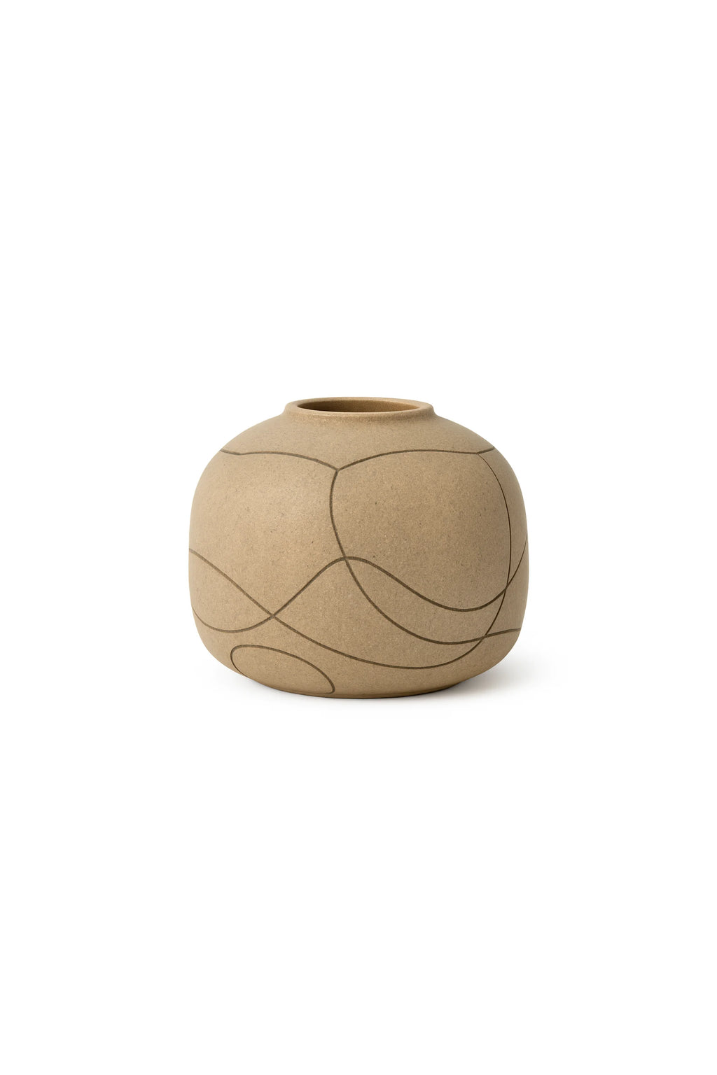 Bloomingville Niza Vase, a round, organic modern decorative vase crafted from matte natural tan stoneware with an etched abstract line pattern wrapping its bulbous silhouette. This contemporary ceramic vase features a subtly textured earthy finish, perfect for minimalist shelf styling, a Scandinavian living room accent, or a unique wabi-sabi entryway console piece.