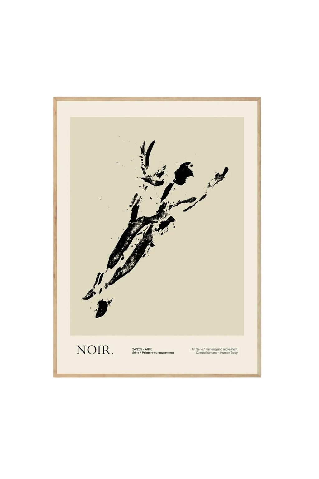 The Poster Club Noir - Art Print, a modern abstract poster featuring bold black brushstrokes forming a human-like figure on a light cream background, framed in natural light wood. This contemporary wall art is ideal for those seeking stylish, minimalist decor for their home or office.