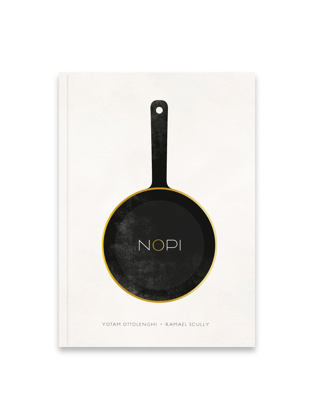 Book Nopi, a modern cookbook with a minimalist white cover featuring a black frying pan illustration outlined in elegant gold. This popular culinary book offers gourmet recipes and is ideal for home chefs and food enthusiasts seeking new cooking inspiration.