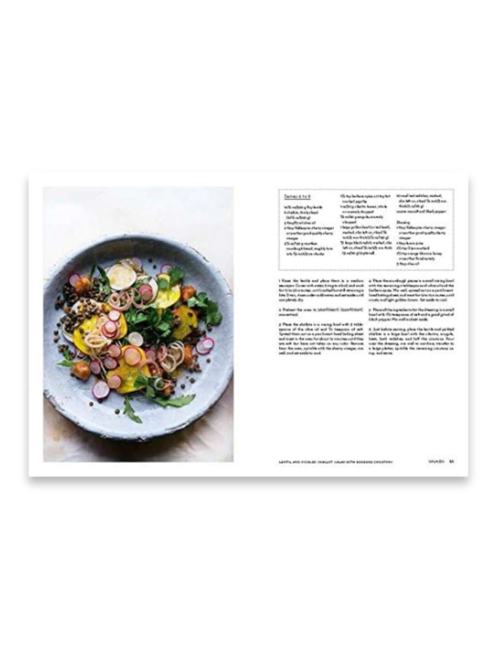 Book Nopi, an open cookbook displaying a vibrant recipe for "Lentil and Pickled Turnip Salad with Burnt Carrots," featuring a beautiful food photograph and detailed instructions. This culinary book is perfect for home cooks and food enthusiasts seeking gourmet recipes.
