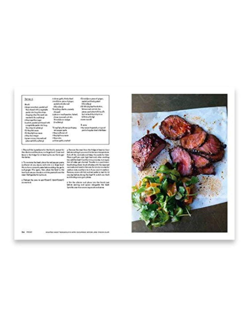Book Nopi, an open cookbook displaying a vibrant recipe for roasted meat and a fresh green salad. This premium cookbook is perfect for home chefs seeking elegant culinary inspiration.