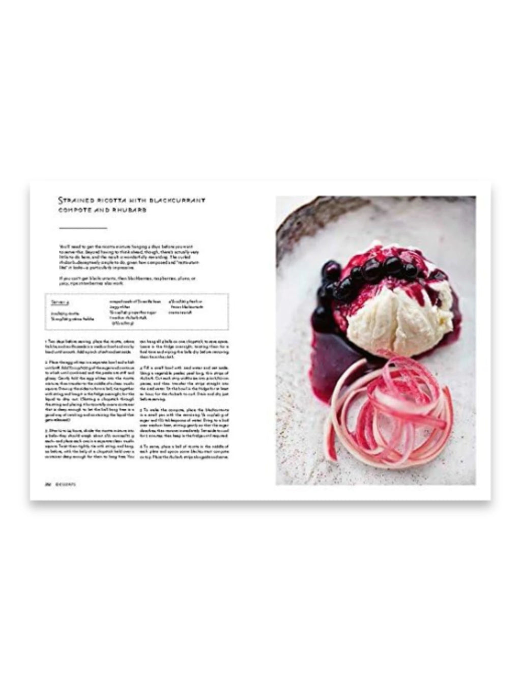 Book Nopi, an open cookbook page displaying the recipe for "Strained Ricotta with Blackcurrant Compote and Rhubarb" on the left, with a vibrant, close-up image of the finished dish on the right. This premium cookbook features detailed culinary instructions and beautiful food photography. Ideal for home cooks and chefs seeking gourmet recipes and cooking inspiration.