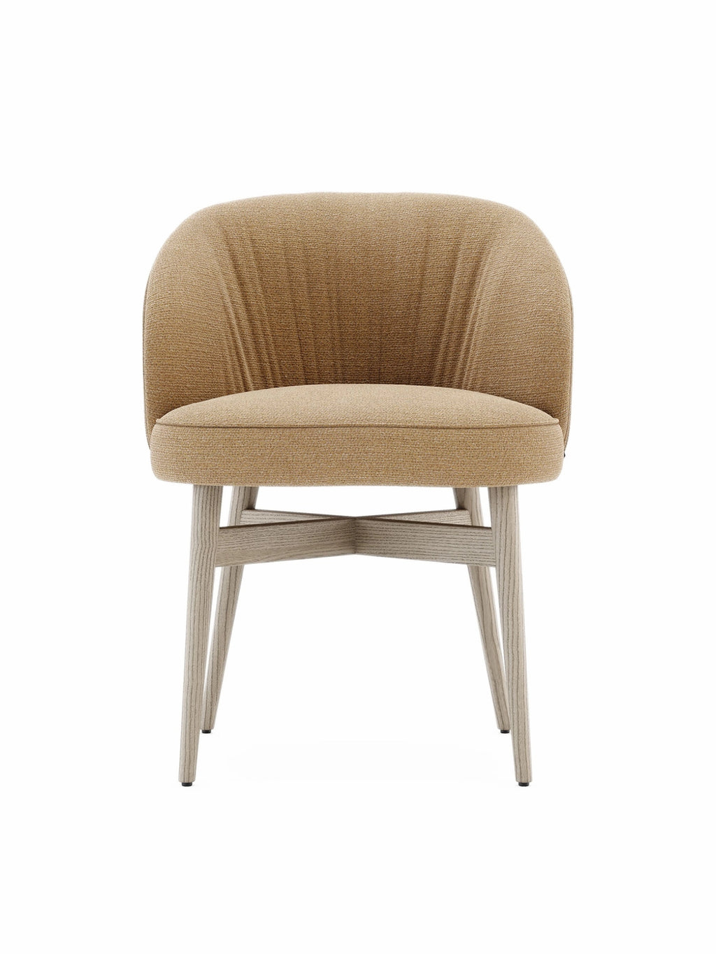 Domkapa Norah Chair, a contemporary upholstered dining chair featuring a warm camel-toned textured fabric with a gently curved, embracing silhouette and a plush seat.
