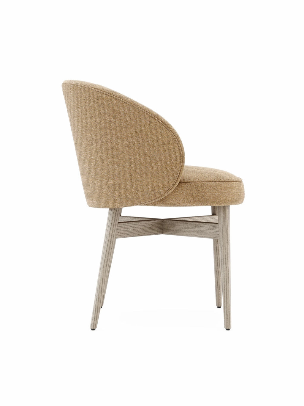 Domkapa Norah Chair, a contemporary dining chair featuring a gracefully curved backrest and rounded seat upholstered in a textured beige woven fabric, set on tapered light oak wood legs with a visible grain.