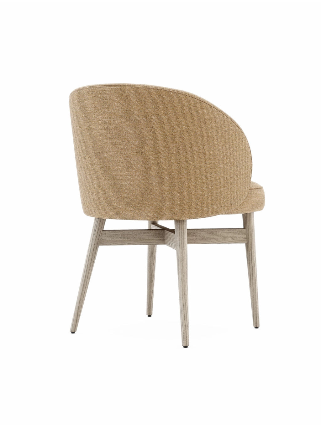 Domkapa Norah Chair, a modern dining chair featuring a gracefully curved backrest and a plush seat upholstered in a textured beige woven fabric, supported by sleek, tapered light natural solid wood legs. This contemporary accent chair, with its refined Scandinavian design, is perfect for stylish dining rooms, elegant living spaces, or a chic home office setup.