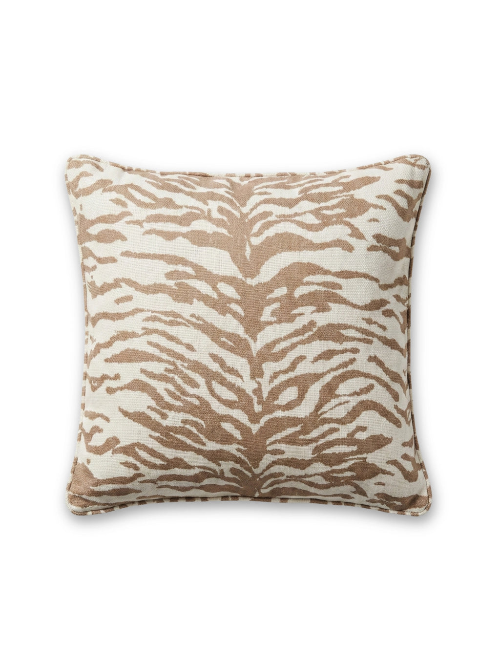 Tinted Objects Norell Throw Pillow, a stylish square cushion featuring a textured off-white fabric with an abstract, earthy brown zebra print pattern and piped edges. This decorative accent pillow is perfect for adding a touch of modern safari elegance to any living room or bedroom decor for discerning homeowners.