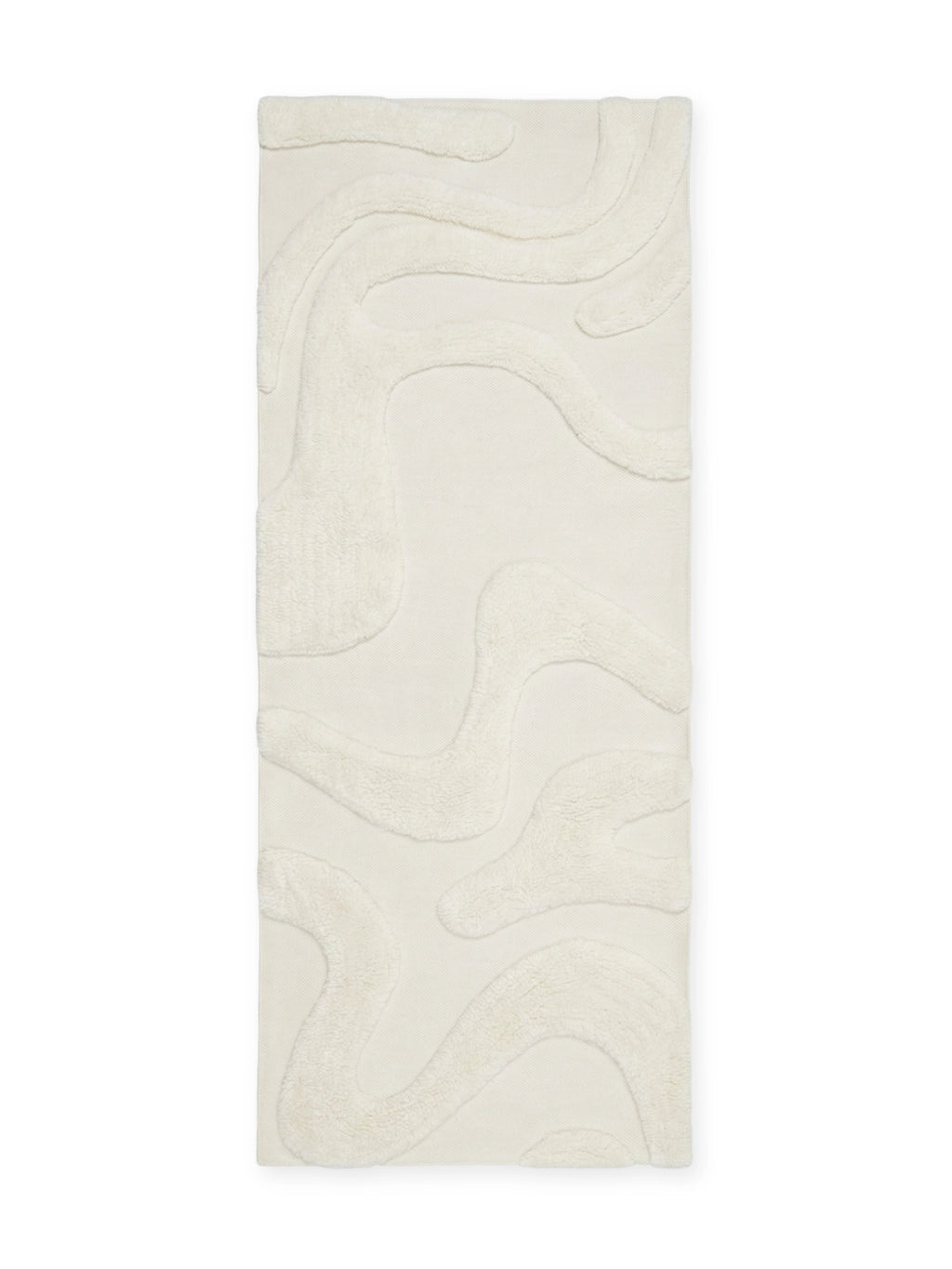 Tinted Objects Norlander Wool Runner Rug, a luxurious cream-colored wool runner rug featuring an abstract wavy high-pile textured pattern on a flat-woven base. This stylish and durable area rug is perfect for adding warmth and modern design to hallways or entryways for contemporary homeowners.