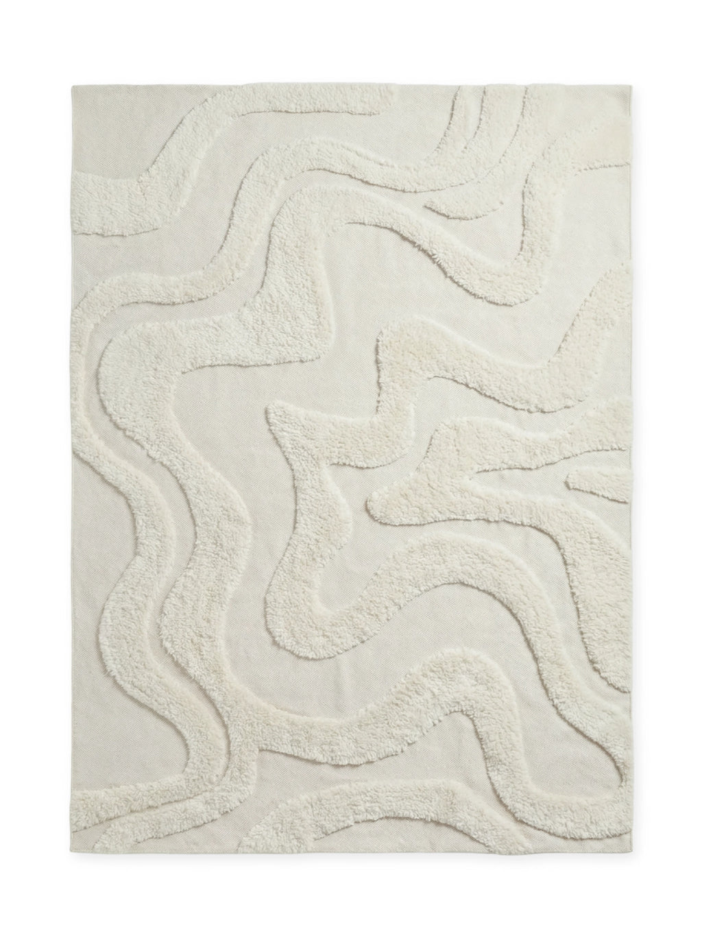 Tinted Objects Norlander Wool Rug, a plush off-white textured area rug with raised, wavy ivory loops creating a modern abstract design. This luxurious and soft wool rug is perfect for adding warmth and sophisticated style to any contemporary living room or bedroom.