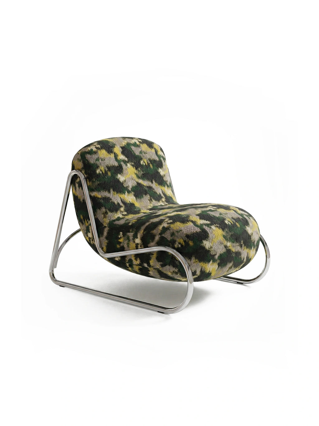 NORR11 Boho Lounge Chair, featuring a unique camouflage-patterned upholstery in shades of green, yellow, and black. The chair rests on a sleek, polished chrome frame, creating a modern yet eclectic design, displayed on a clean white background.