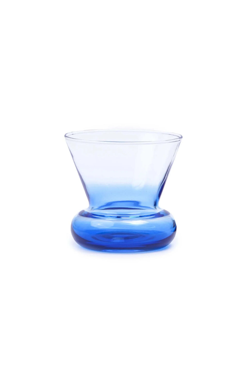 TAMO Orio Drinking Glass, a single premium blue glass with a flared rim and distinctive thick, rounded base, stands on a white background. Ideal for elegant beverage service.