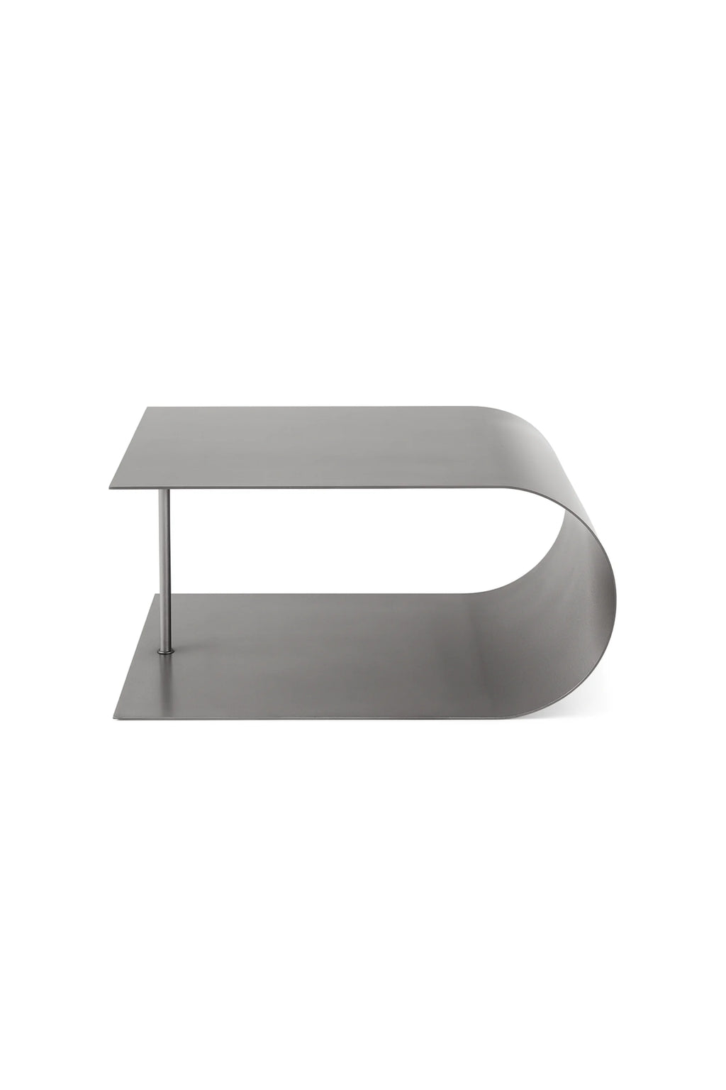 NG DESIGN Object 054 Coffee Table in a studio shot. This sleek, modern, dark gray metal coffee table features a "U" shaped continuous bend with a single supporting silver cylindrical leg. Ideal for contemporary living spaces.