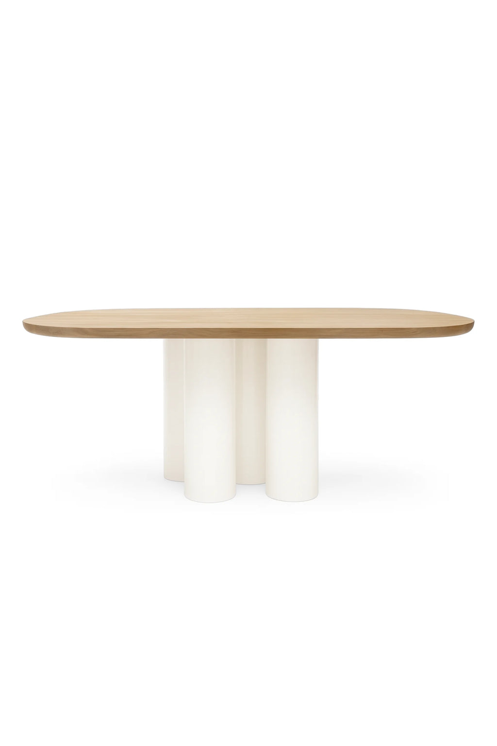 NG DESIGN Object 055 Dining Table, featuring a light natural wood oval top on prominent, thick, glossy white cylindrical legs. This luxury dining table offers a modern aesthetic.