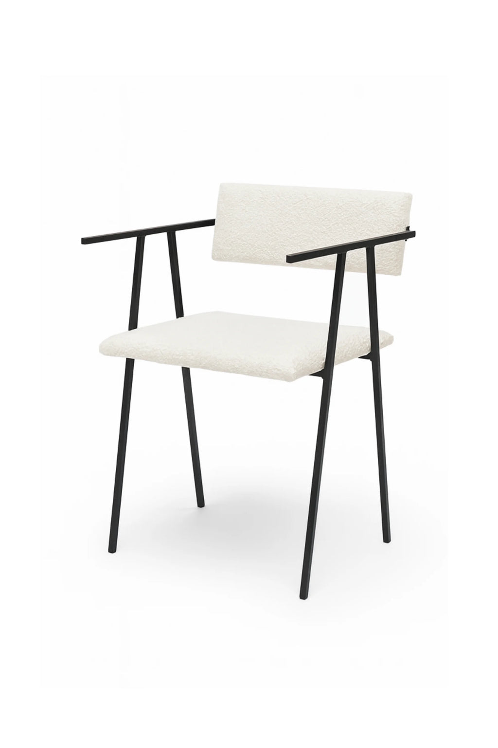 NG DESIGN Object 058 Chair, a modern chair with a cream-white boucle fabric seat and backrest, contrasted with a sleek black steel frame and armrests, photographed on a white background. This premium design chair is perfect for contemporary interiors.