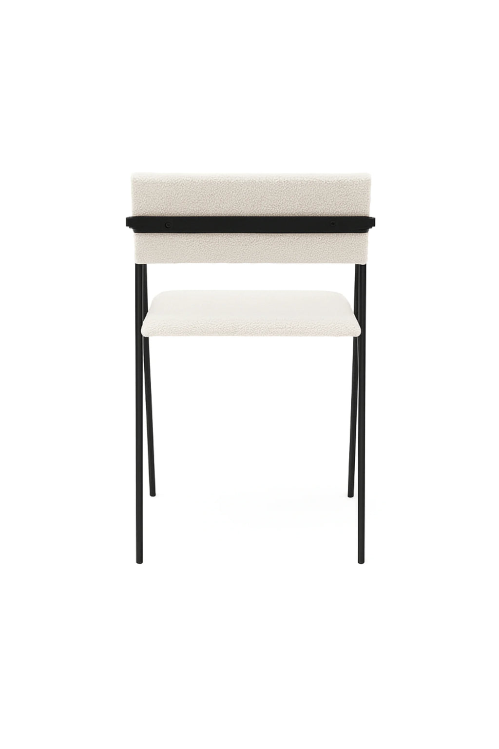 NG DESIGN Object 058 Chair, a modern luxury dining chair with a plush, cream-white bouclé upholstered seat and back, secured by a sleek black metal bar, and supported by slim black metal legs on a white background. Ideal for contemporary interiors.