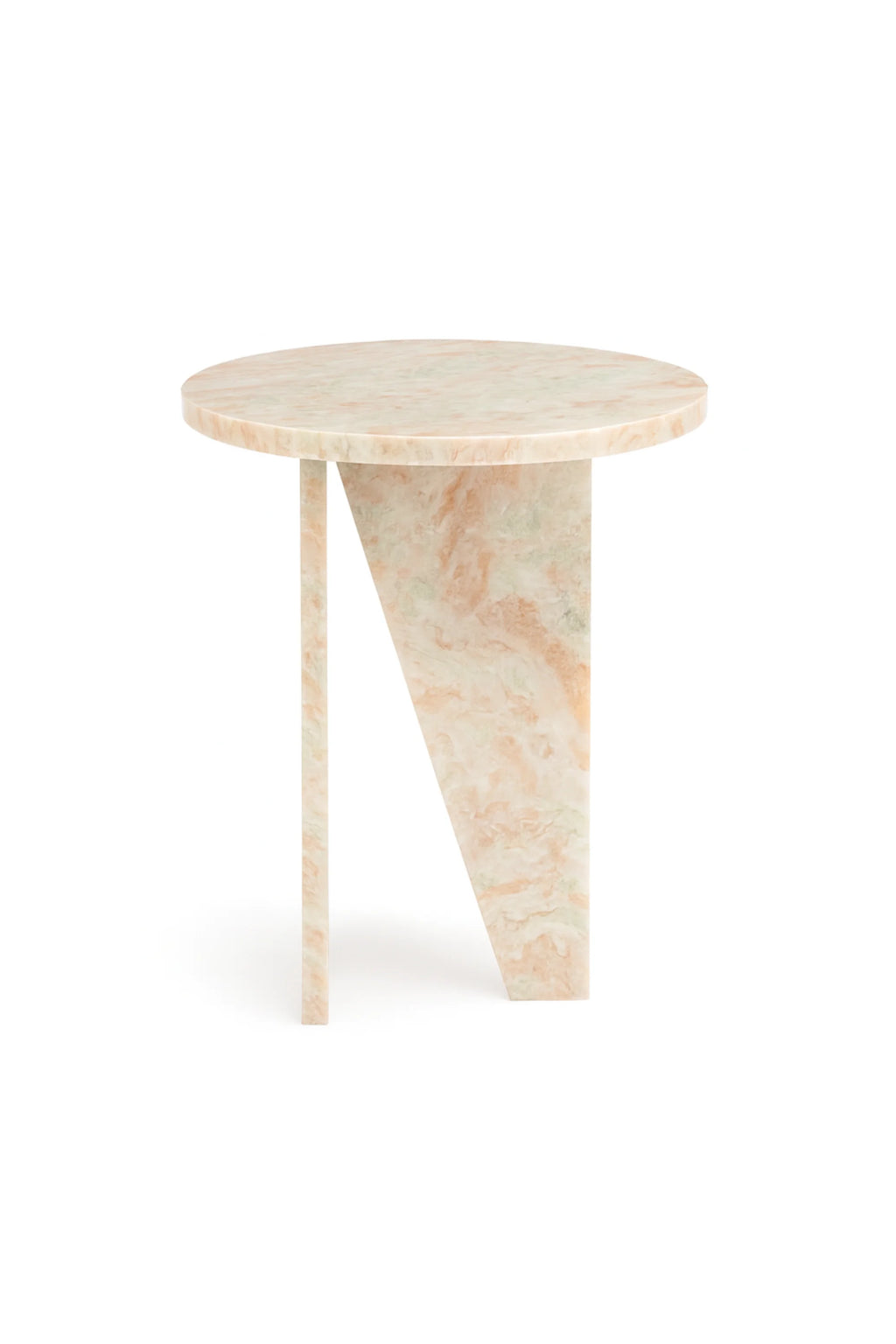 NG DESIGN Object 066 Side Table, a luxury modern side table crafted from natural peach and light green veined marble, featuring a round top and triangular base design on a white background. Ideal for contemporary living spaces.