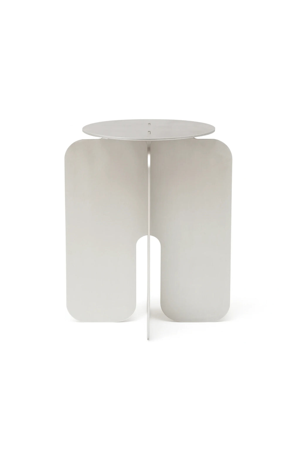 NG DESIGN Object 104 Side Table, a modern, minimalist light gray metal accent table with a round top and two rectangular supports with rounded corners, forming an interlocking design on a white background. Perfect for contemporary living spaces.