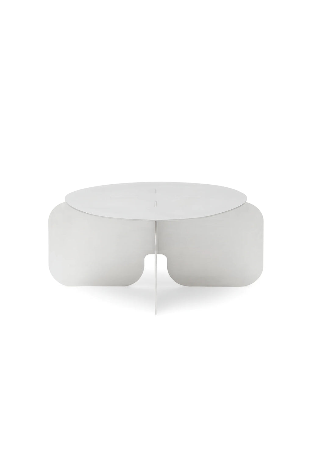 NG DESIGN Object 105 Coffee Table, a minimalist white round tabletop with subtle etched lines, supported by thick, rounded, light grey matte legs. This luxury modern coffee table is ideal for sophisticated living spaces.