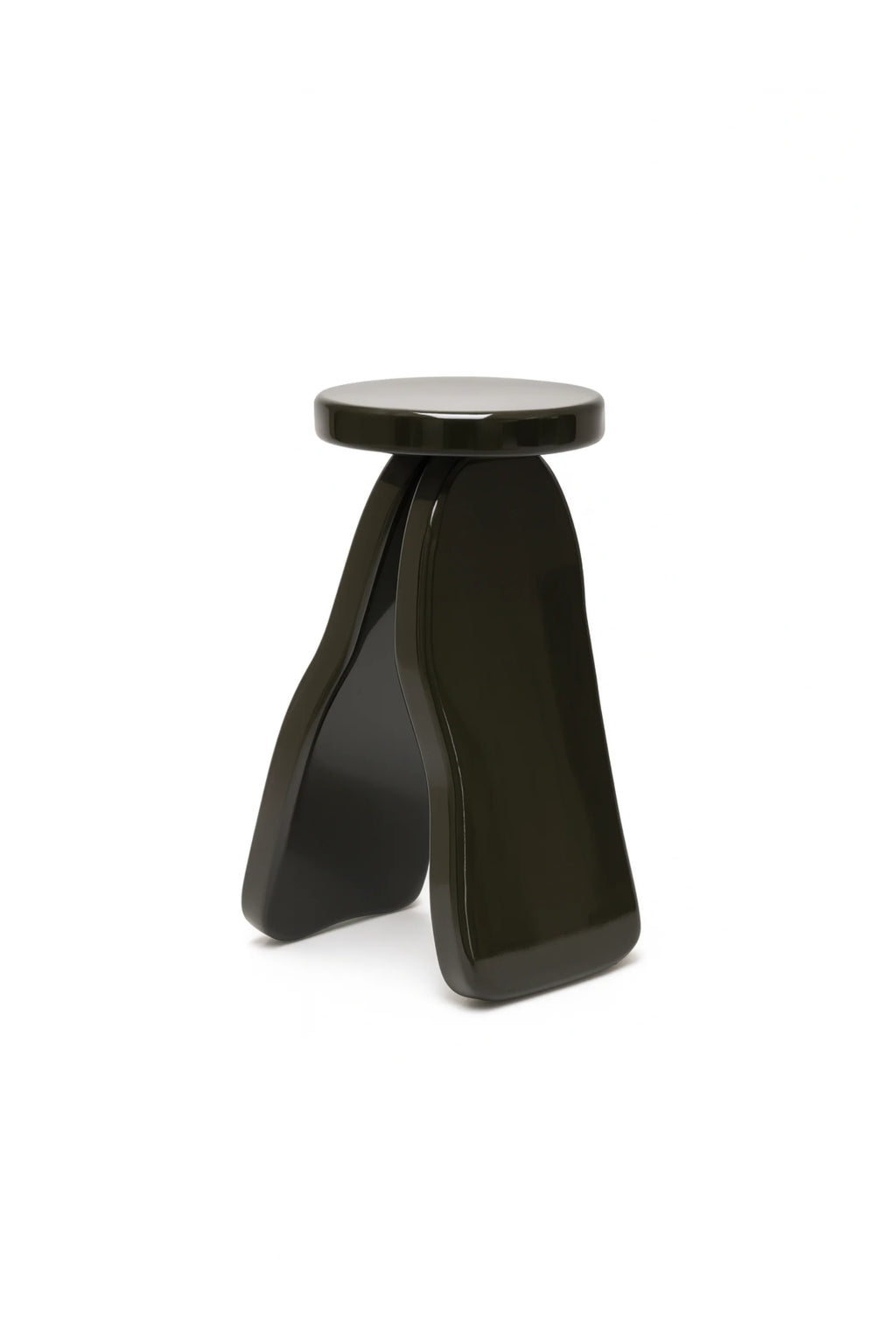 NG DESIGN Object 107 Side Table, a dark olive green, high-gloss lacquered contemporary design with a round top and two curved, shapely legs, displayed as a studio shot. A unique statement piece for modern interiors.