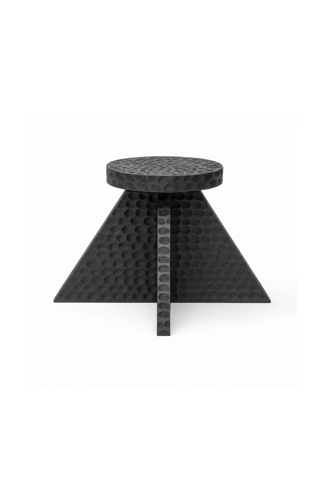 NG DESIGN Object 112 Side Table isolated on white, showcasing its unique black textured surface with dimpled patterns & triangular base. A truly authentic, modern accent. Perfect for contemporary living spaces.