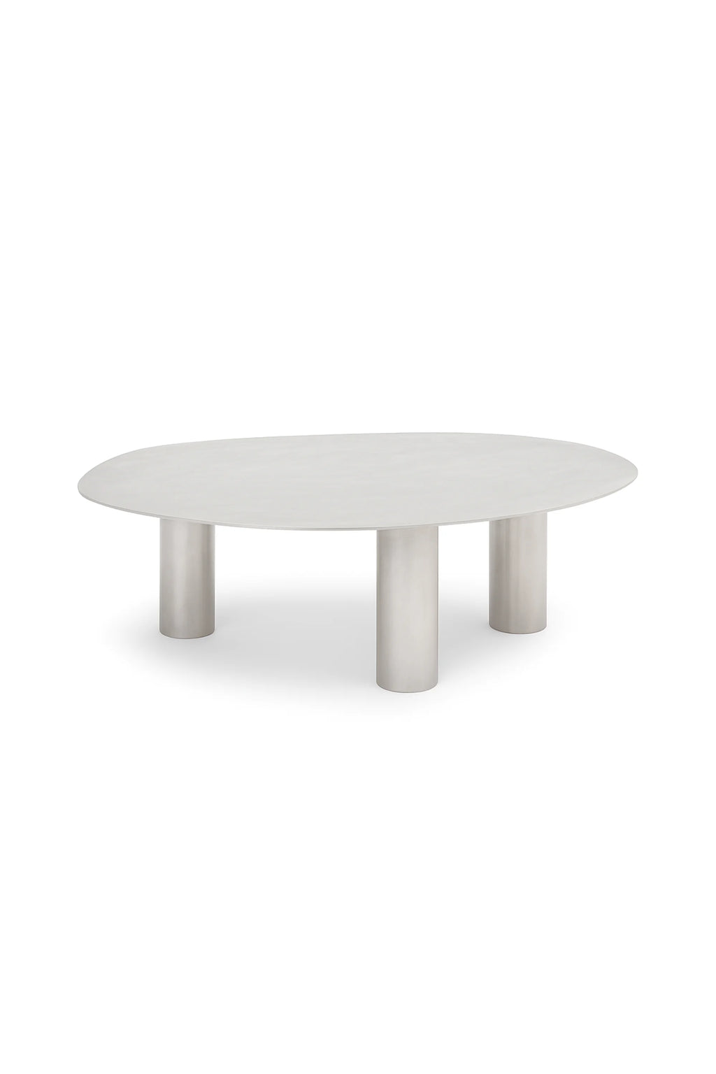 NG DESIGN Object 115 Coffee Table: A modern, oval-shaped solid light grey concrete table with three robust cylindrical legs, shot on white. Ideal for contemporary living spaces.