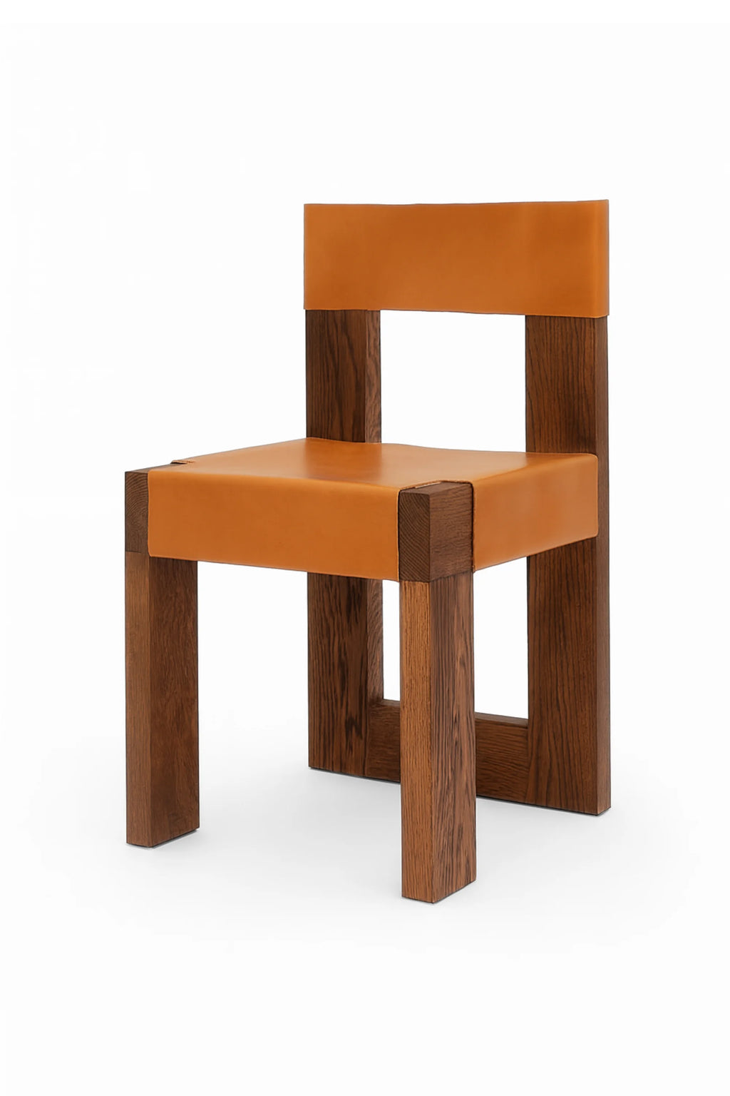 NG DESIGN Object 118 Chair: A premium solid dark oak wood chair with rich grain, featuring light brown tan leather seat and backrest straps, studio shot. Perfect for modern interior design.