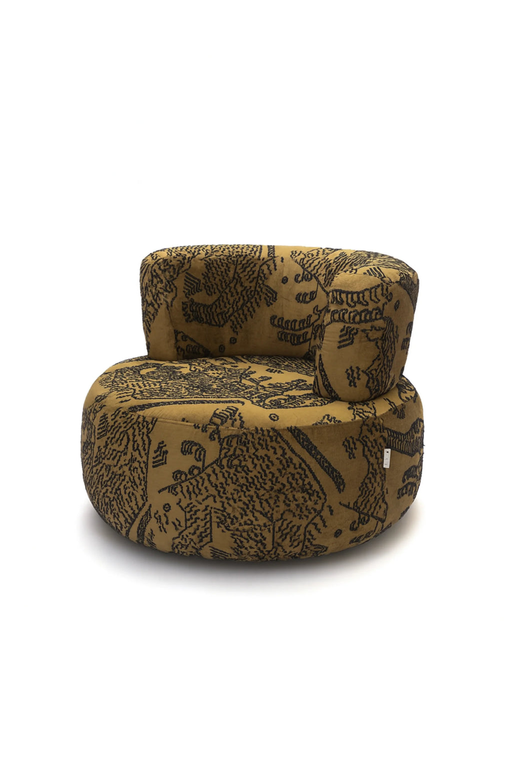 NG DESIGN Object 051 Lounge Chair, a premium, round, armless upholstered chair in golden mustard yellow with a dense, abstract black pattern. Ideal for modern living spaces.