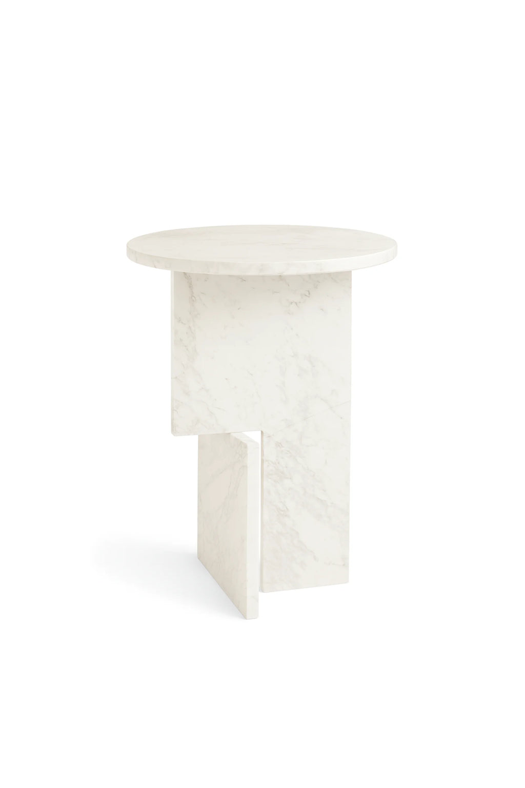NG DESIGN Object 065 Side Table, a luxury natural white marble side table with an asymmetrical, intersecting base, creating a sculptural design on a white background. Perfect for modern living spaces.