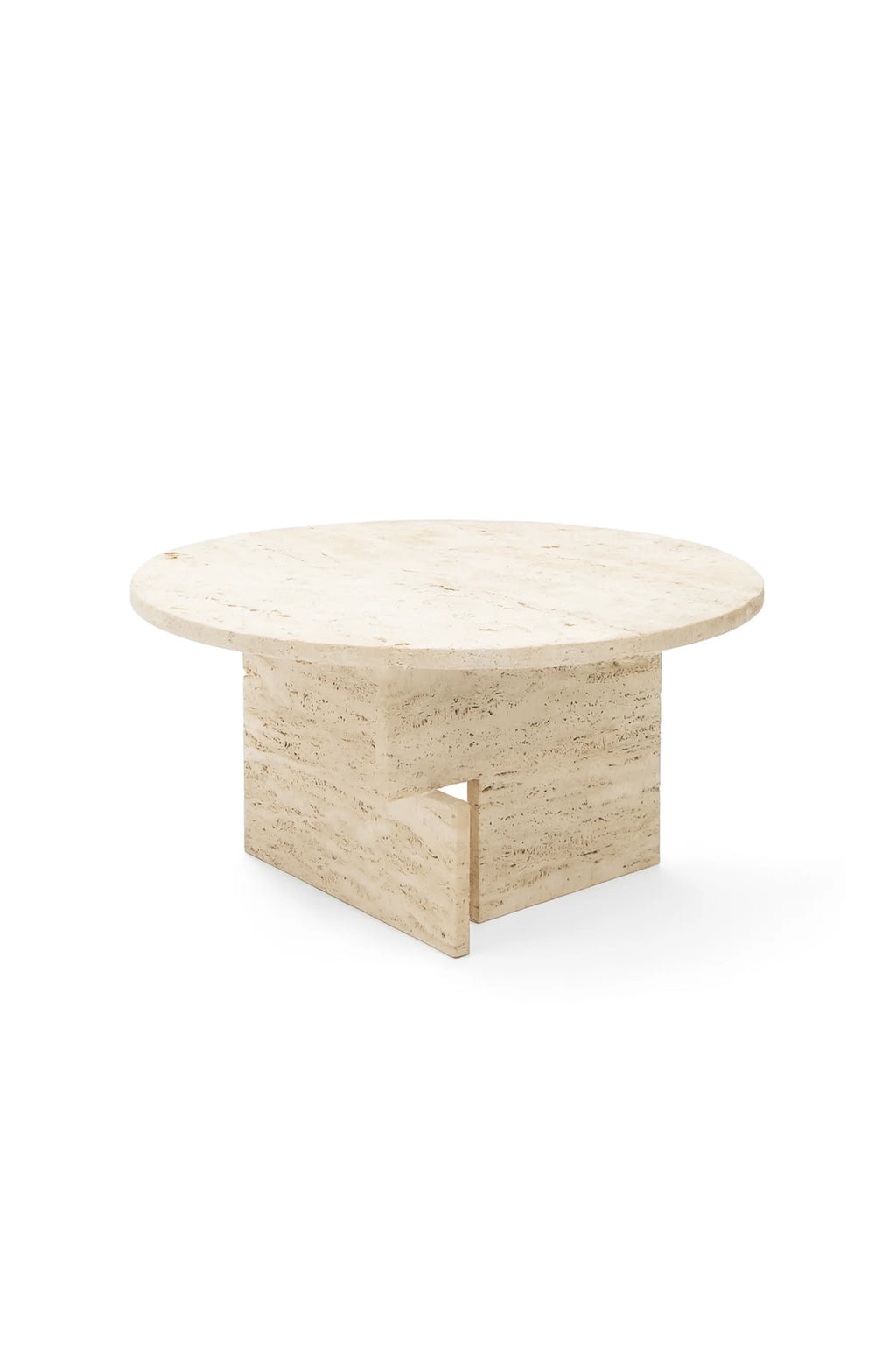 NG DESIGN Object 068 Coffee Table. Round, luxury beige travertine stone coffee table with a rectangular base, showcasing natural texture and minimal design. Perfect for a modern living space.